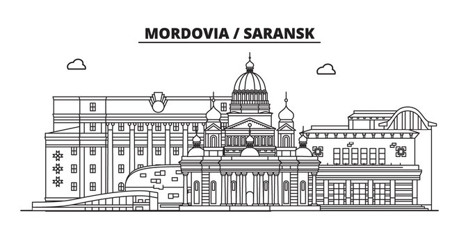 Russia, Mordovia, Saransk. City skyline: architecture, buildings, streets, silhouette, landscape, panorama, landmarks. Editable strokes. Flat design, line vector illustration concept. Isolated icons