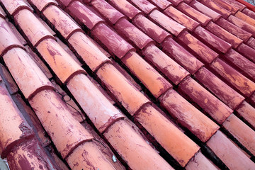 New terracotta tiles laid on a roof, partially painted red.