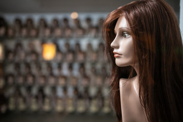 wig shop, wigs on mannequins - obrazy, fototapety, plakaty