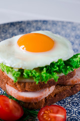 Sandwich with egg, ham, cheese, toast and salad leaves lies on a plate with tomato and dill