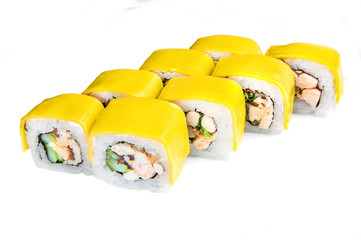 close up of sashimi sushi set, roll on white plate