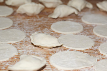 Fototapeta na wymiar Round piece of dough for baking, pieces of raw dough. Close up view of round piece of dough ready for preparing dumpling.