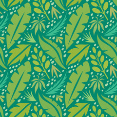 Leaves of exotic plants - creative vector illustration. Floral seamless pattern. Abstract concept background. Tropical summer nature. Graphic design element. Vintage art style. Collage contemporary. 