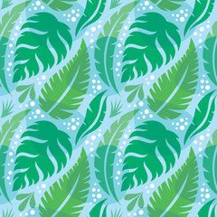 Fototapeta na wymiar Leaves of exotic plants - creative vector illustration. Floral seamless pattern. Abstract concept background. Tropical summer nature. Graphic design element. Vintage art style. Collage contemporary. 