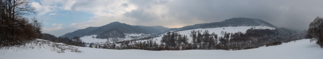 Hrencisov village near Lipany town in winter mountains