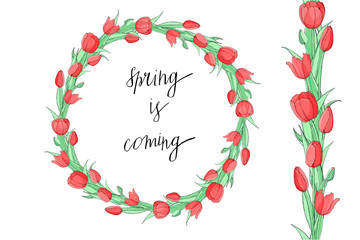Stock vector floral set of seamless flower brush from red tulips and beautiful wreath.  Isolated and hand drawn vector illustration. Floral design, flower backdrop. Festive hand drawn pattern,  spring
