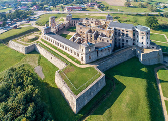 Old, ruined castle Krzyztopor in Ujazd, Poland, built in 17th century, ruined to naked walls in 18th century. Aerial view in the morning