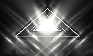 Futuristic background with neon shapes of a triangle, reflection, smoke. Empty tunnel with neon light. 3d illustration