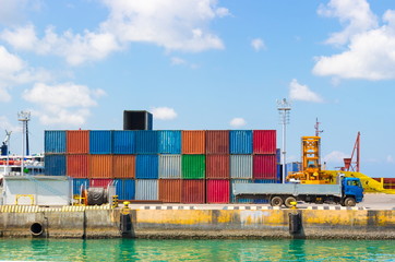 Cargo containers in industrial sea port at Cebu, Philippines. Loading or unloading works on pier a bright sunny day. Concepts a import, export cargo, nautical vessel transport and industry logistic