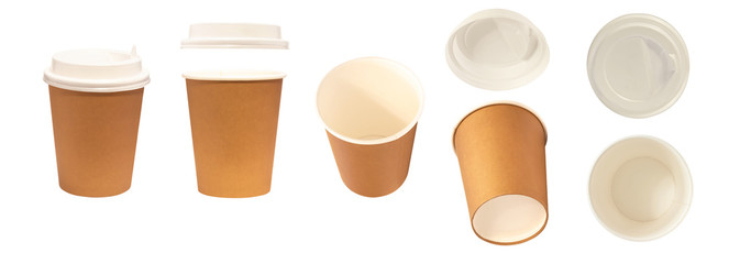 Set of different views of paper cup with lid isolated on white background. Disposable tableware for...