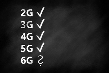 2G, 3G, 4G, 5G, 6G mobile communication technologies and checkmarks on a blackboard 