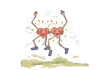 Hearts couple valentine background. A old hand drawn watercolor of two smiling red hearts isolated on a white background. Funny cartoon illustration. Macro.