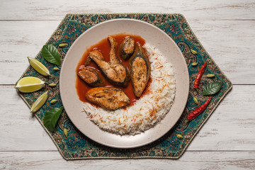 East Indian Fish Fry with curry green and rice.