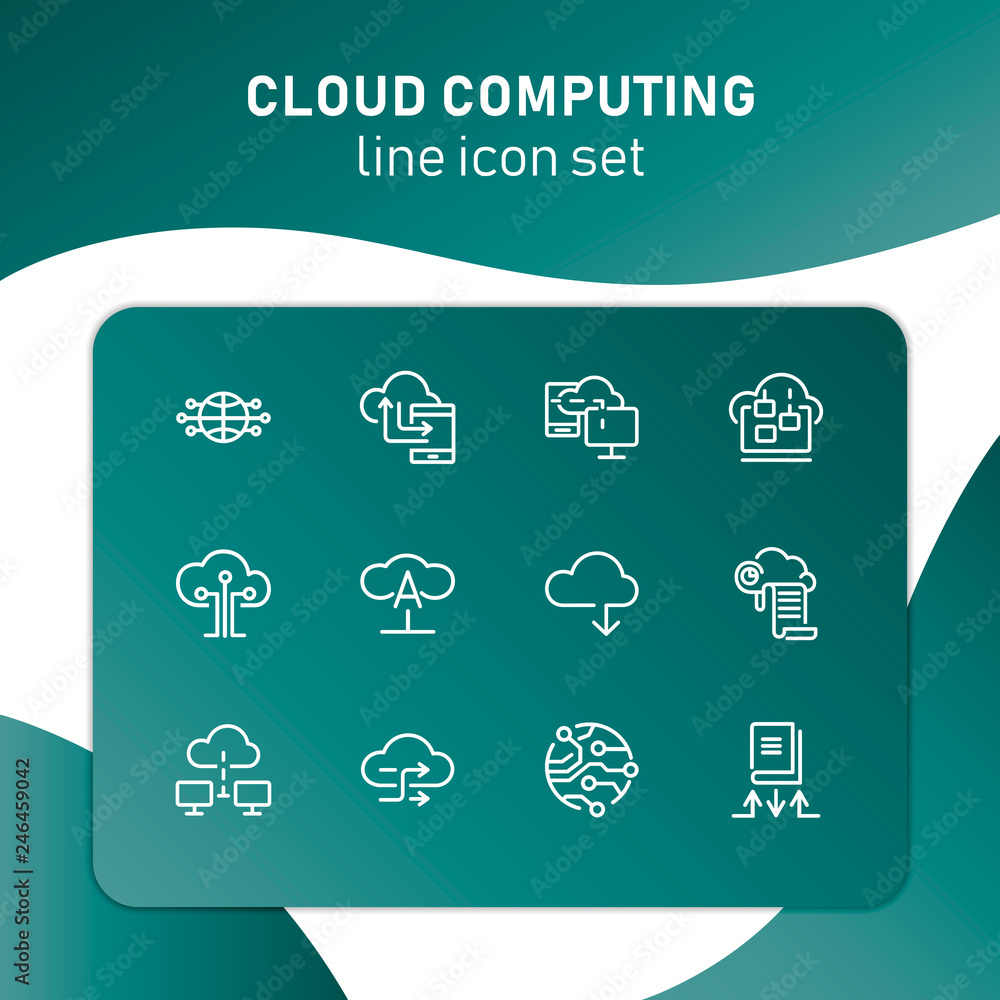 Poster cloud computing line icon set. set of line icons on white background. programming concept. system, s