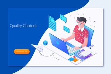 Online journalist, author, copywriter concept.landing page template.Flat isometric character, vector illustration