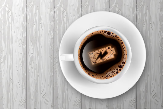 Cup of coffee with battery energy on foam. Realistic vector illustration