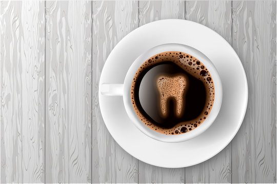 Cup of coffee with tooth from foam realistic vector illustration. Coffee spoils teeth and makes them yellow