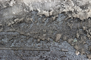 Melting snow asphalt slush water puddle flow dirty street sidewalk