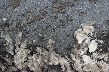 Melting snow asphalt slush water puddle flow dirty street sidewalk