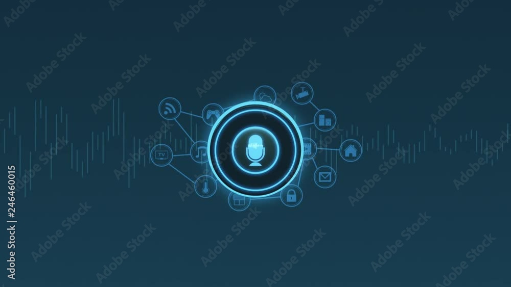 Poster top view of a voice assistant with iot icons network around it, concept of smart home, futuristic te