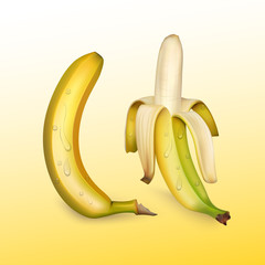 Ripe bananas on bright background, realistic vector illustration