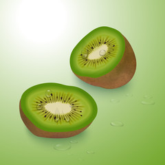 Kiwifruit pieces on a bright, green background, juicy kiwifruit pieces in a realistic style, vector illustration