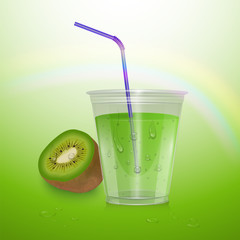 Realistic Kiwi juice in a plastic Cup. Vector illustration with kiwi and Cup of juice