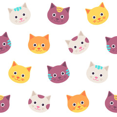 Cute cat faces pattern. Vector. Happy kitten seamless background. Animal head isolated on white, flat design. Cartoon illustration for textile, baby shower, invitation template, scrapbook, cards.