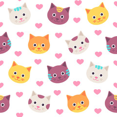 Cute cat faces pattern. Vector. Seamless background with kitten heads. Animal isolated on white, flat design. Cartoon illustration for textile, baby shower, invitation template, scrapbook, cards.
