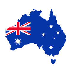 Australia map flag. Vector. Australian continent. Silhouette of Australia with national flag with Union Jack and stars isolated on white. Blue red color illustration. Country background. Flat design.