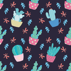 Seamless pattern with cute and bright cartoon cactus plants and flowers on dark background