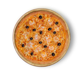 Isolated image of pizza with shrimps and olives on a white background
