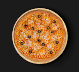 Isolated image of pizza with shrimps and olives on a black background