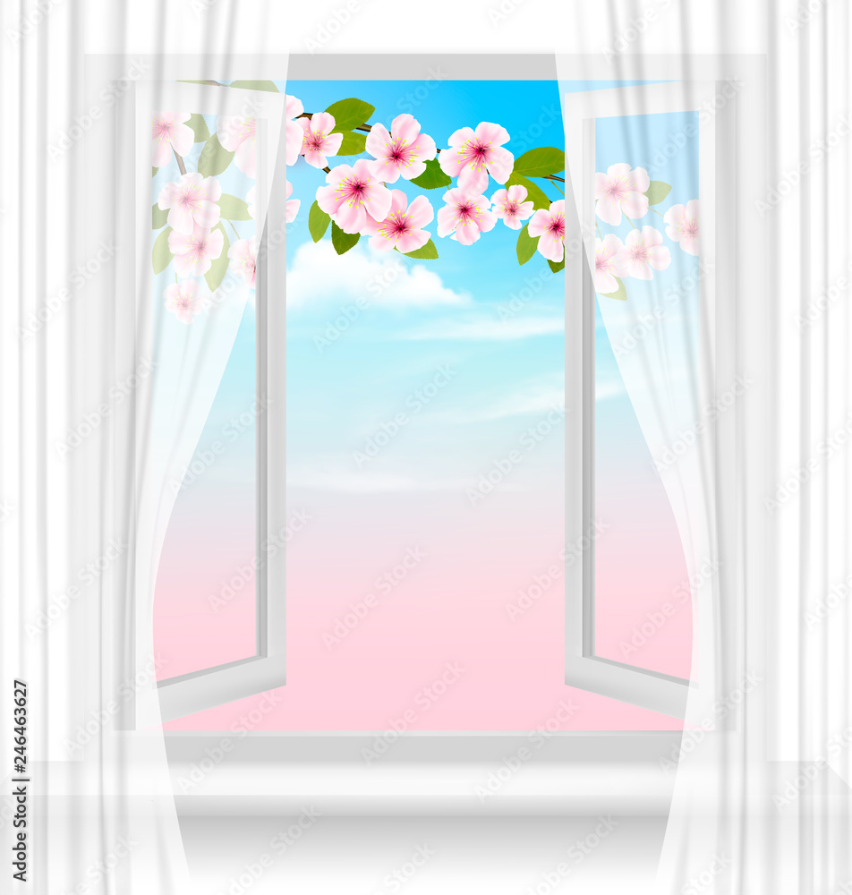 Aufkleber Nature spring background with open window and blossom of cherry. Vector