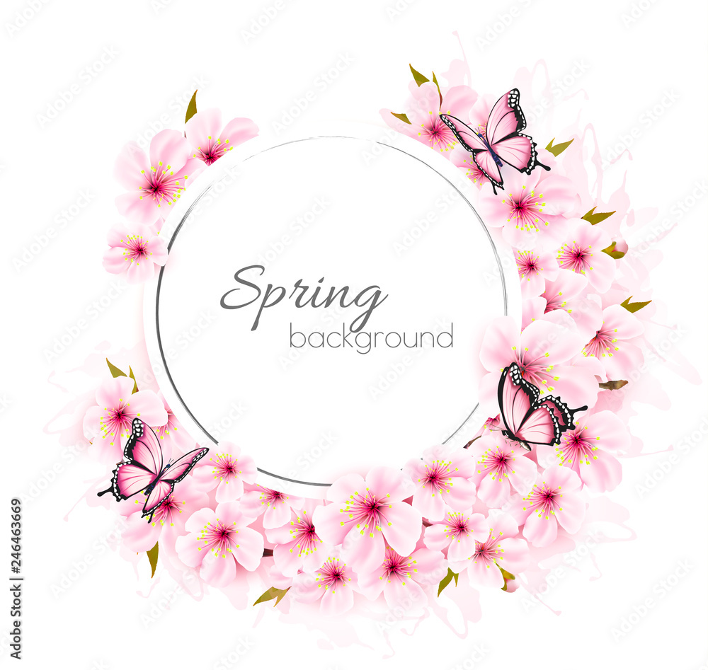 Poster Spring nature background with cherry branch and butterflies. Vector