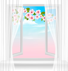 Nature spring background with open window and blossom of cherry. Vector