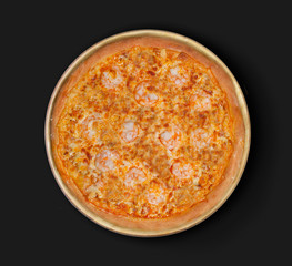 Isolated image of pizza with shrimps and olives on a black background