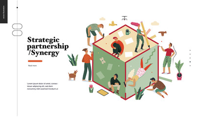 Technology 2 -Strategic Partership - Synergy flat vector concept digital illustration partnership and synergy metaphor. Business workflow and team management Creative landing web page design template