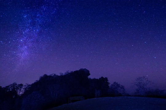 Night photography of Doi Hua Singh under the stars, Doi Samur Dao, Sri Nan National Park, Nan Province, northern of Thailand.