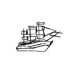 Hand drawn vector vintage sailing ship in the sea.