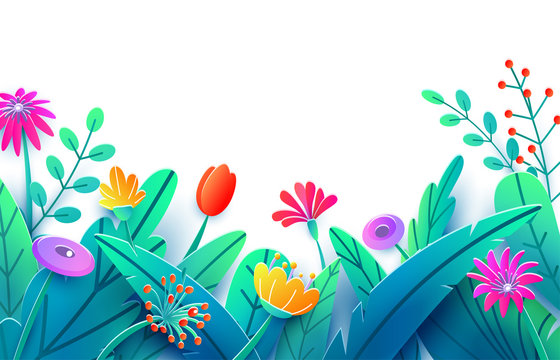 Summer Border With Paper Cut Fantasy Flowers, Leaves, Isolated On White. Minimal 3d Style Floral Spring Background. Corner Composition, Copy Space. Bright Nature Origami Bouquet. Vector Illustration