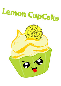 Zitronen cupcake mit frechem Gesicht im Kawaii Stil. Vektorgrafik EPS 10