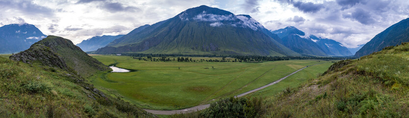 Fototapeta na wymiar Wide panorama with landscape with mountains - Place of Power, Altay, Siberia, Russia