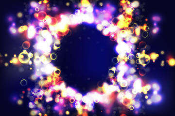 Colorful background. Circular bokeh sparkle color lights background. Magic space cosmic shiny bubbles. Colorful layout template for banner or poster design. EPS 10.