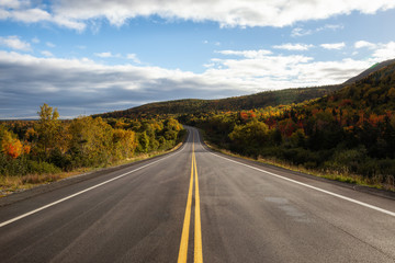 Fototapeta na wymiar Scenic highway during a vibrant sunny day in the fall season. Taken in Newfoundland, Canada.