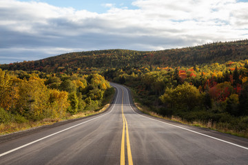 Scenic highway during a vibrant sunny day in the fall season. Taken in Newfoundland, Canada.