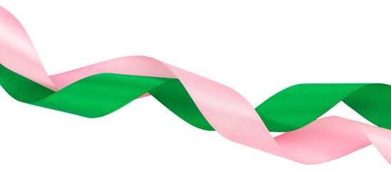 colored ribbons, green, pink on white background, with clipping path