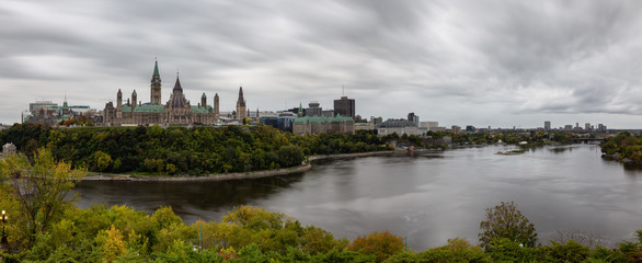 Fototapeta na wymiar Ottawa, Ontario, Canada - September 30, 2018: Panoramic view of Downtown Ottawa and the Parliament of Canada.