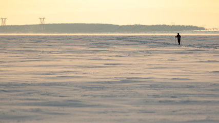 Man crossing winter landscape. Nordic walking