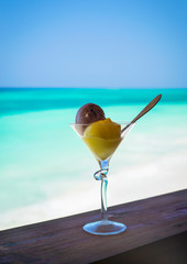 glass with two ice cream balls and sea view